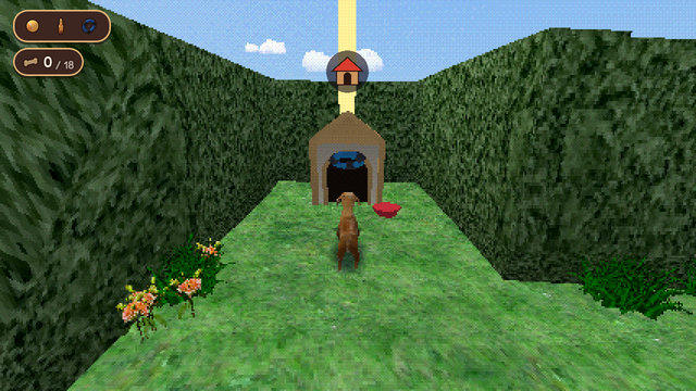 Toys tumbling into the doghouse at the end of a maze