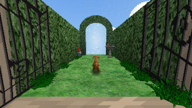 Through a gate toward the misty archway into a maze